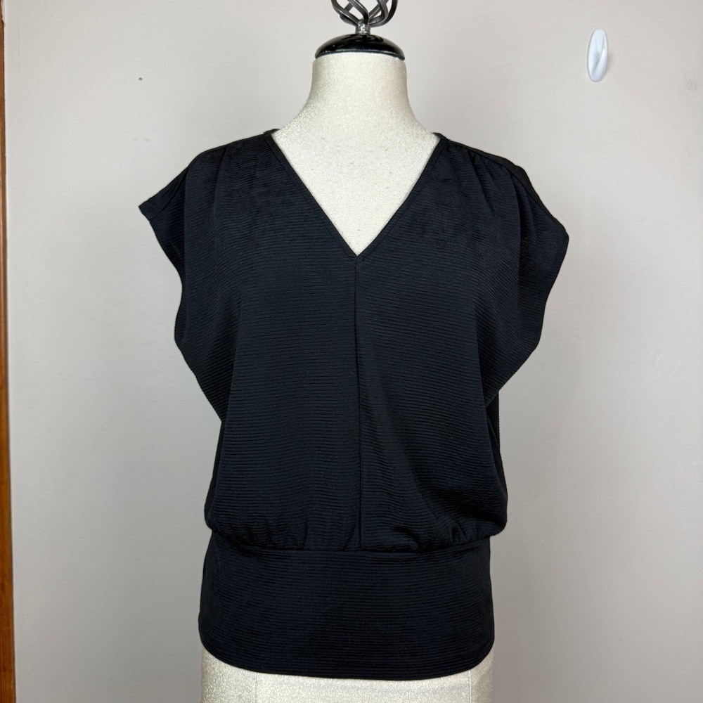 Ann Taylor Blouse Women LP Black Ribbed Banded Waist Minimalist Career Office